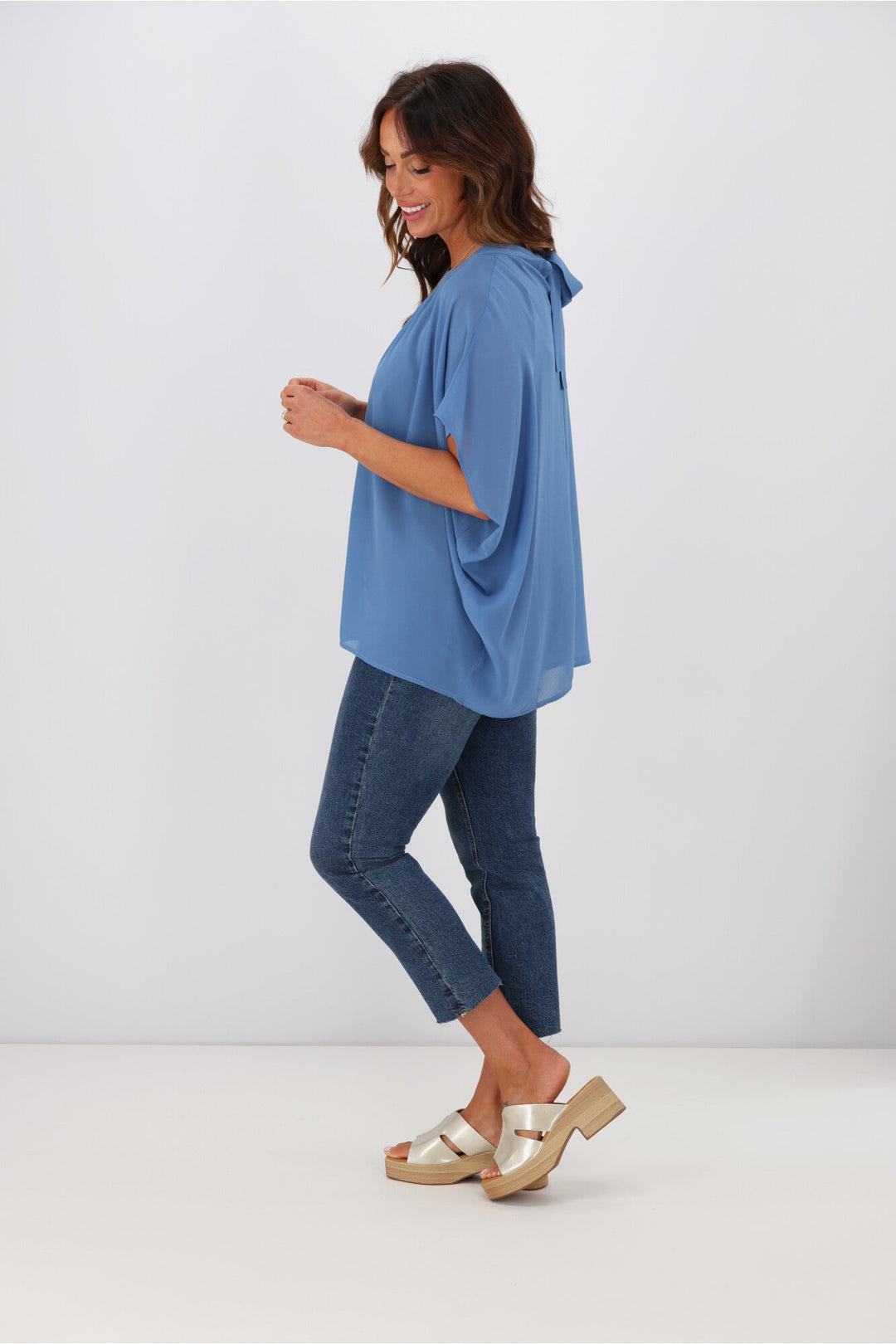 Gloss by Mathilda Batwing Tie Neck Top Blue