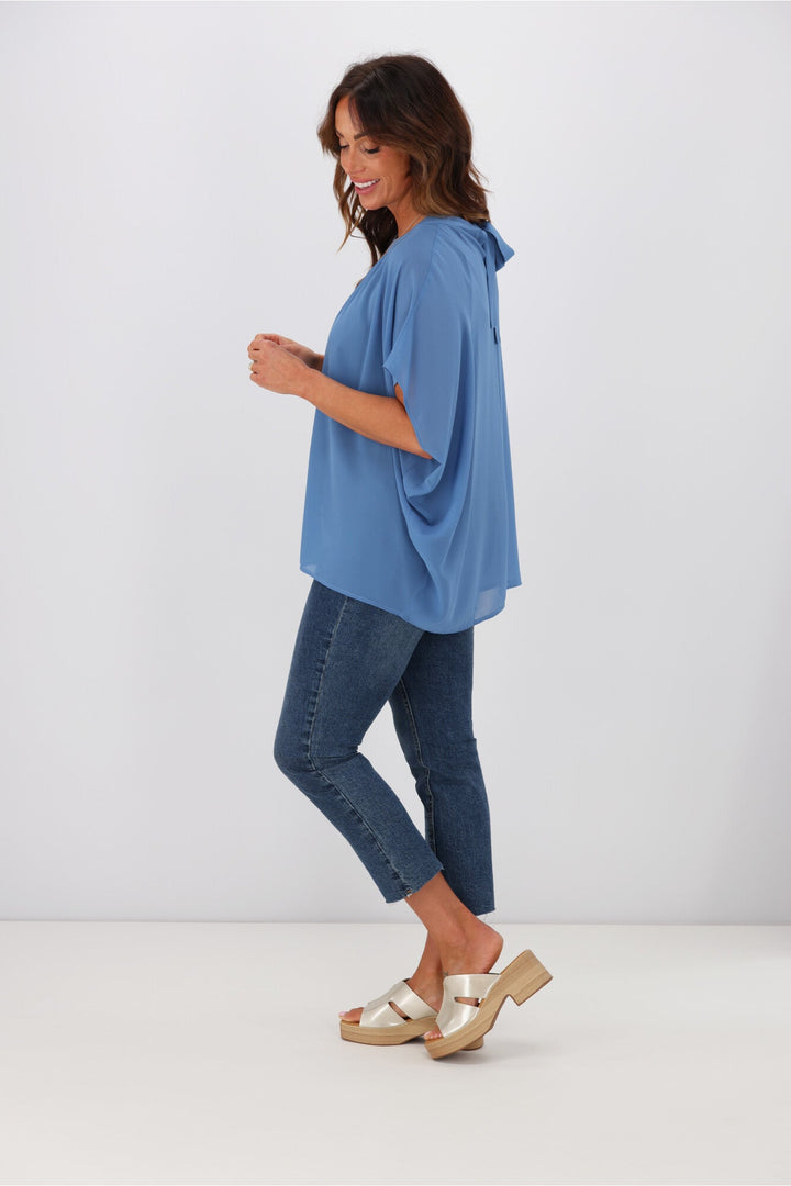 Gloss by Mathilda Batwing Tie Neck Top Blue