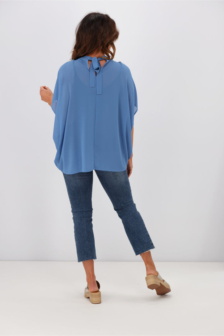 Gloss by Mathilda Batwing Tie Neck Top Blue