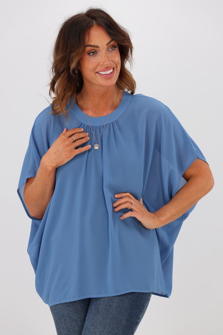 Gloss by Mathilda Batwing Tie Neck Top Blue