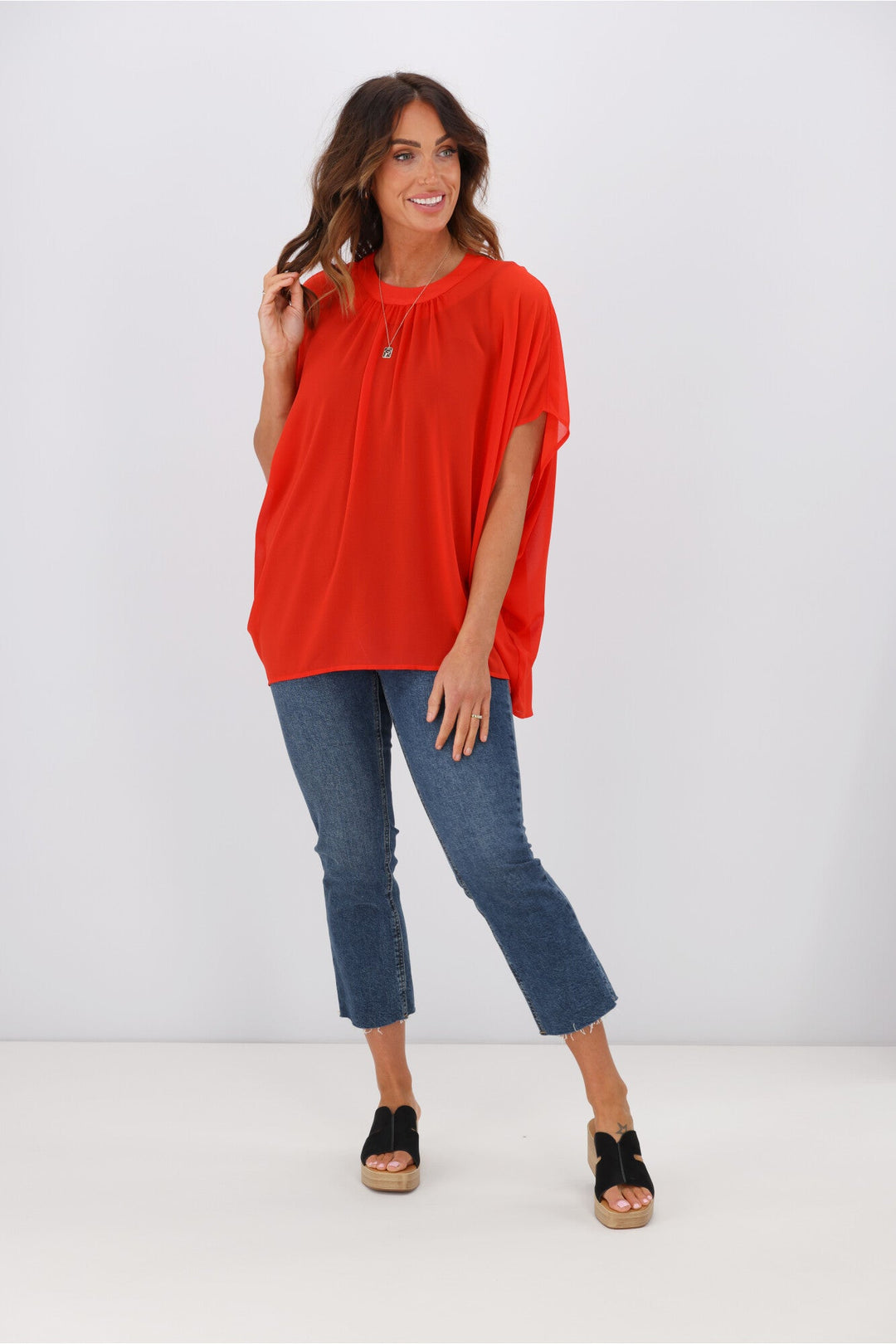 Gloss by Mathilda Batwing Tie Neck Top Tomato