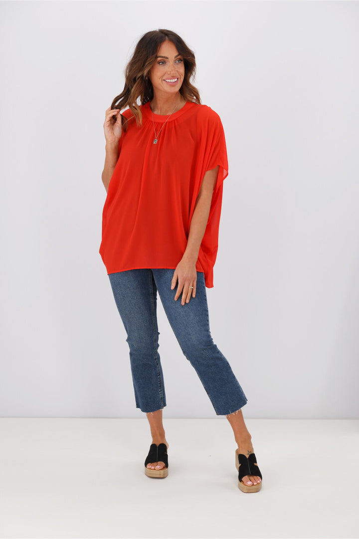 Gloss by Mathilda Batwing Tie Neck Top Tomato