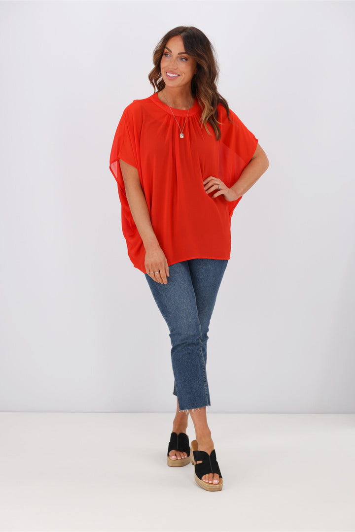 Gloss by Mathilda Batwing Tie Neck Top Tomato