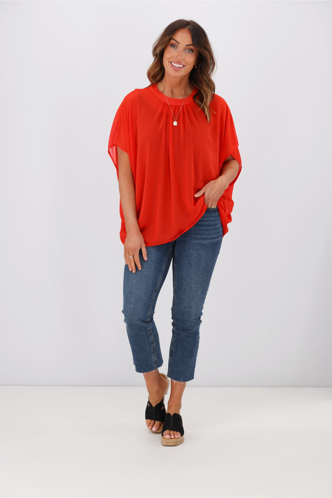 Gloss by Mathilda Batwing Tie Neck Top Tomato