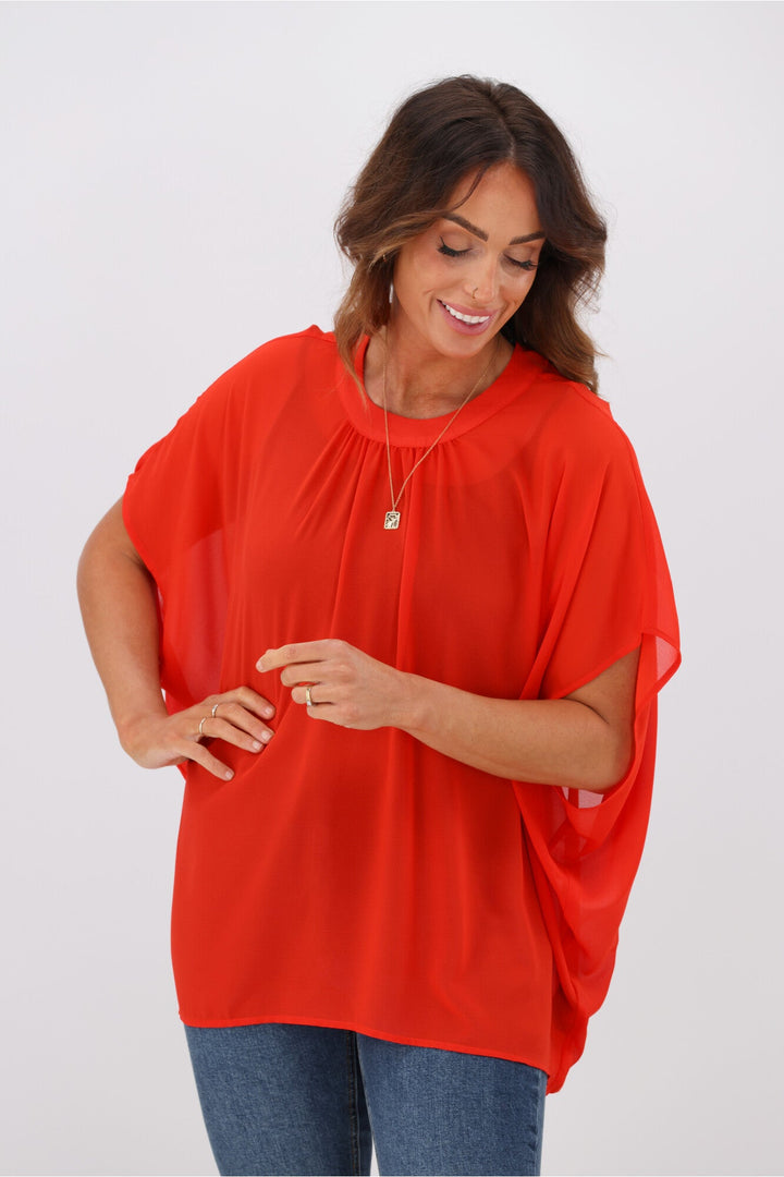 Gloss by Mathilda Batwing Tie Neck Top Tomato