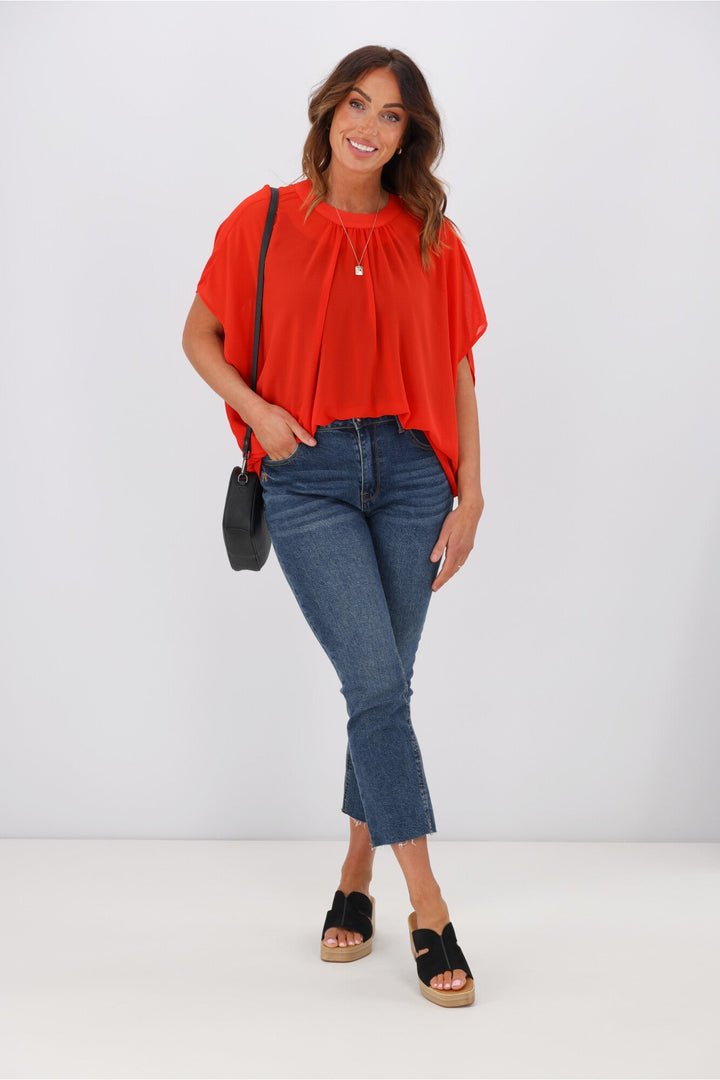 Gloss by Mathilda Batwing Tie Neck Top Tomato