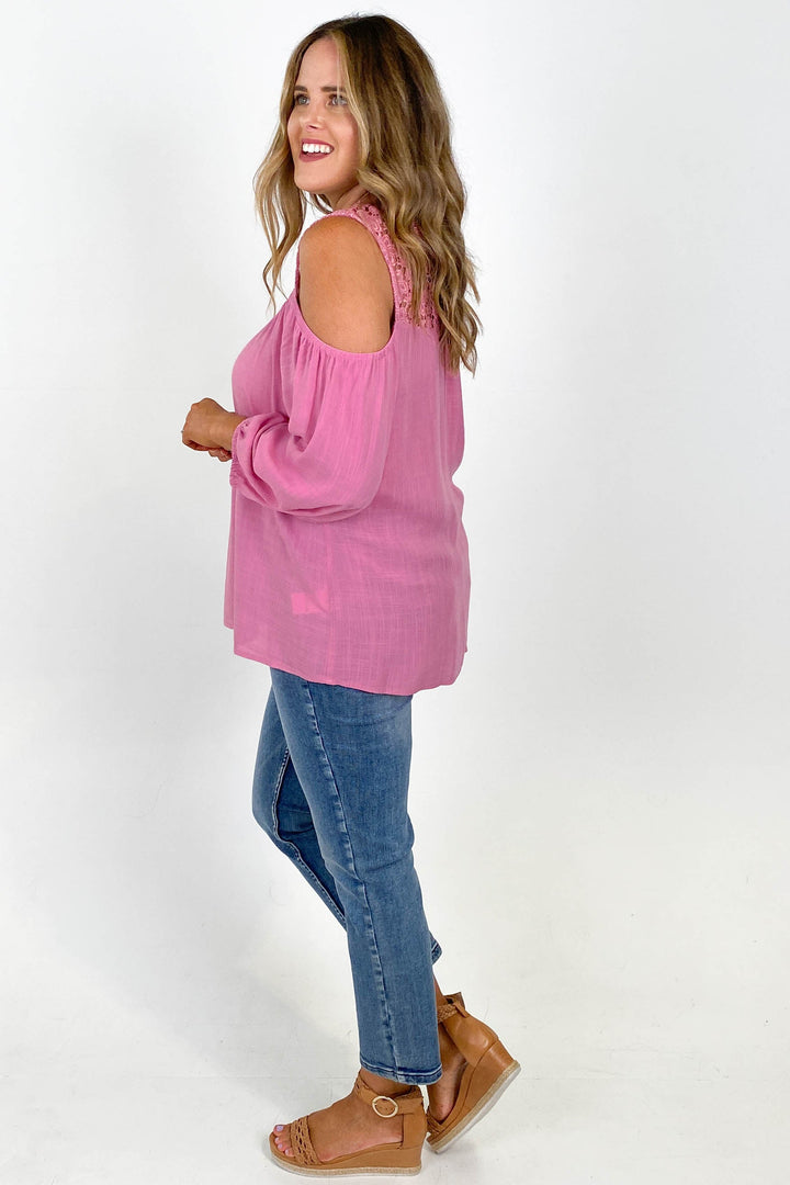 Gloss by Tayla Lace Cold Shoulder Top Pink