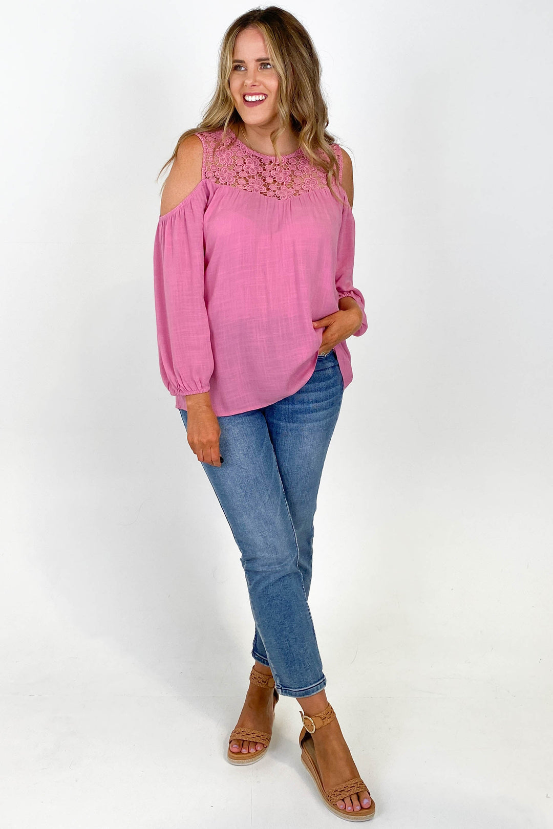 Gloss by Tayla Lace Cold Shoulder Top Pink