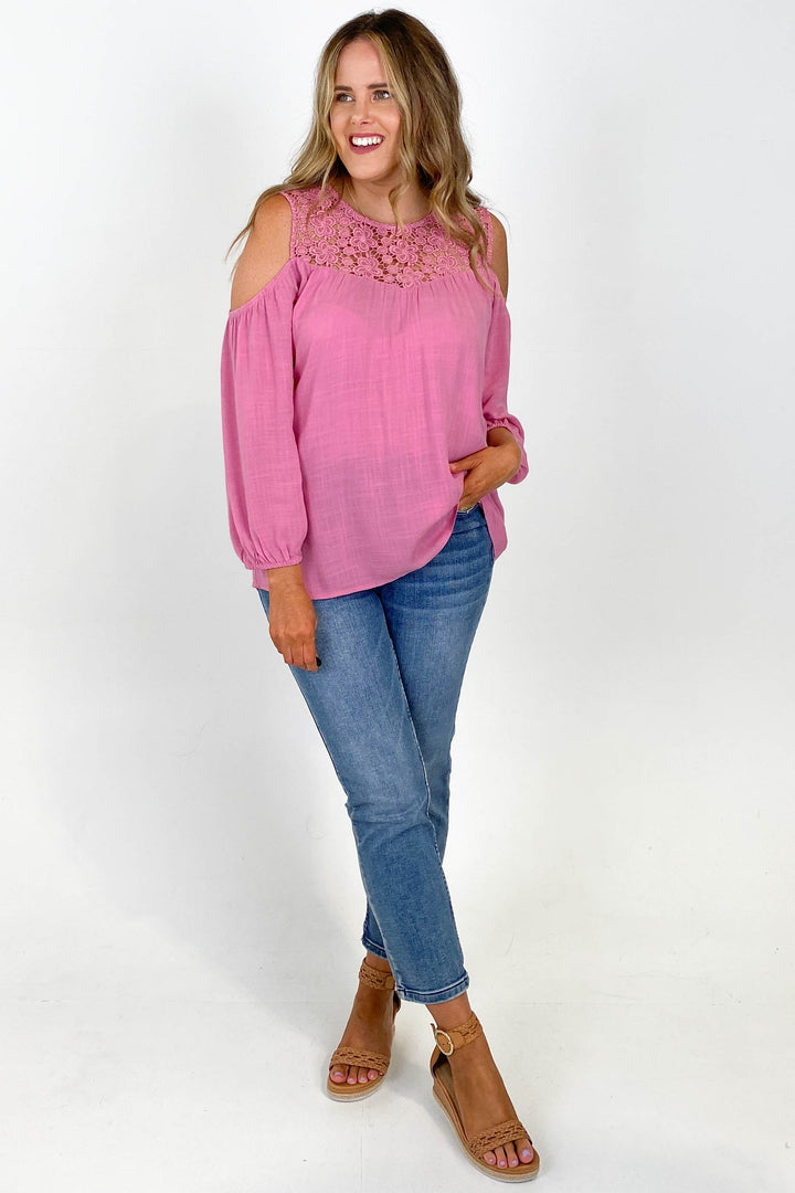 Gloss by Tayla Lace Cold Shoulder Top Pink