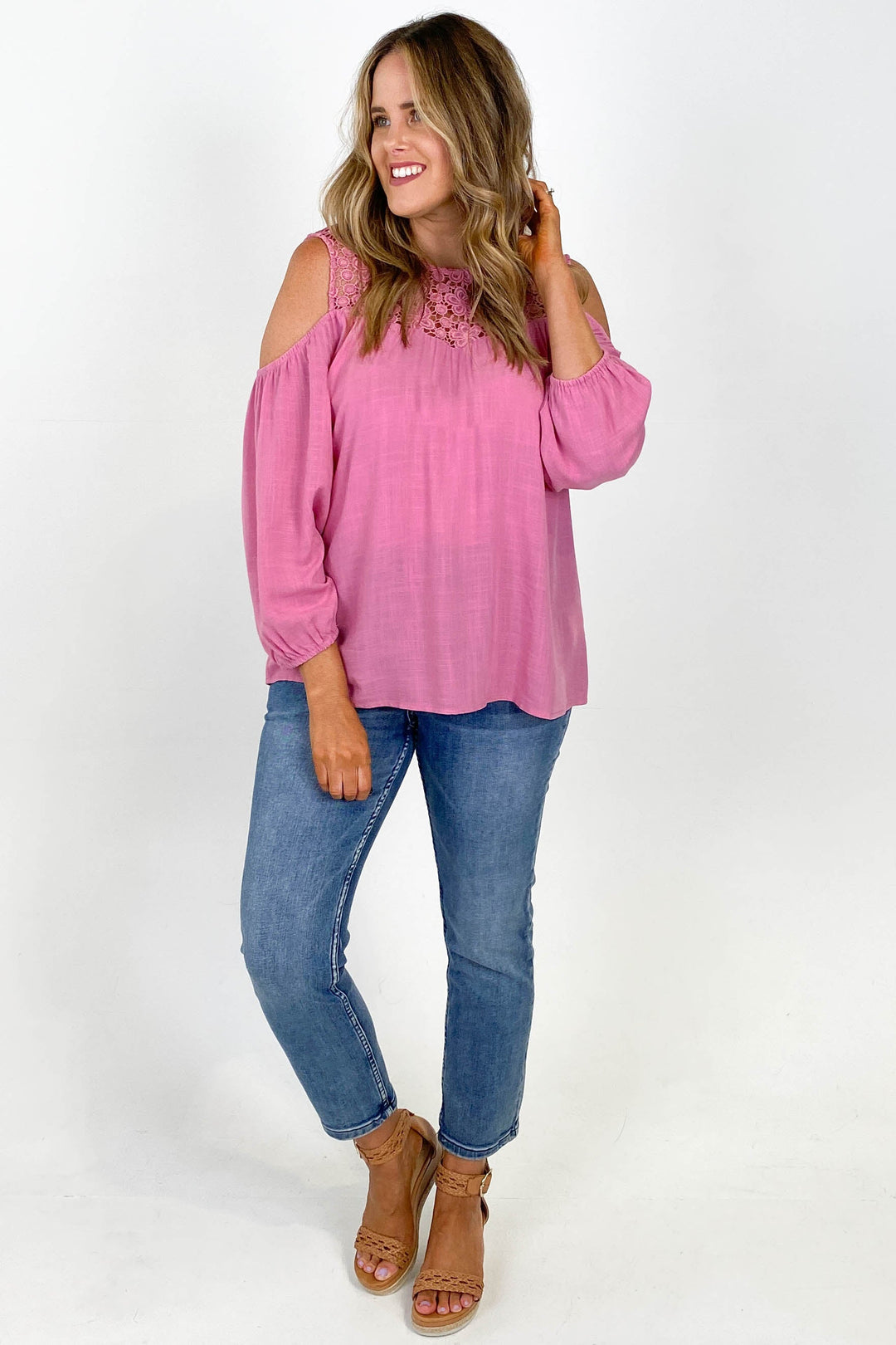 Gloss by Tayla Lace Cold Shoulder Top Pink