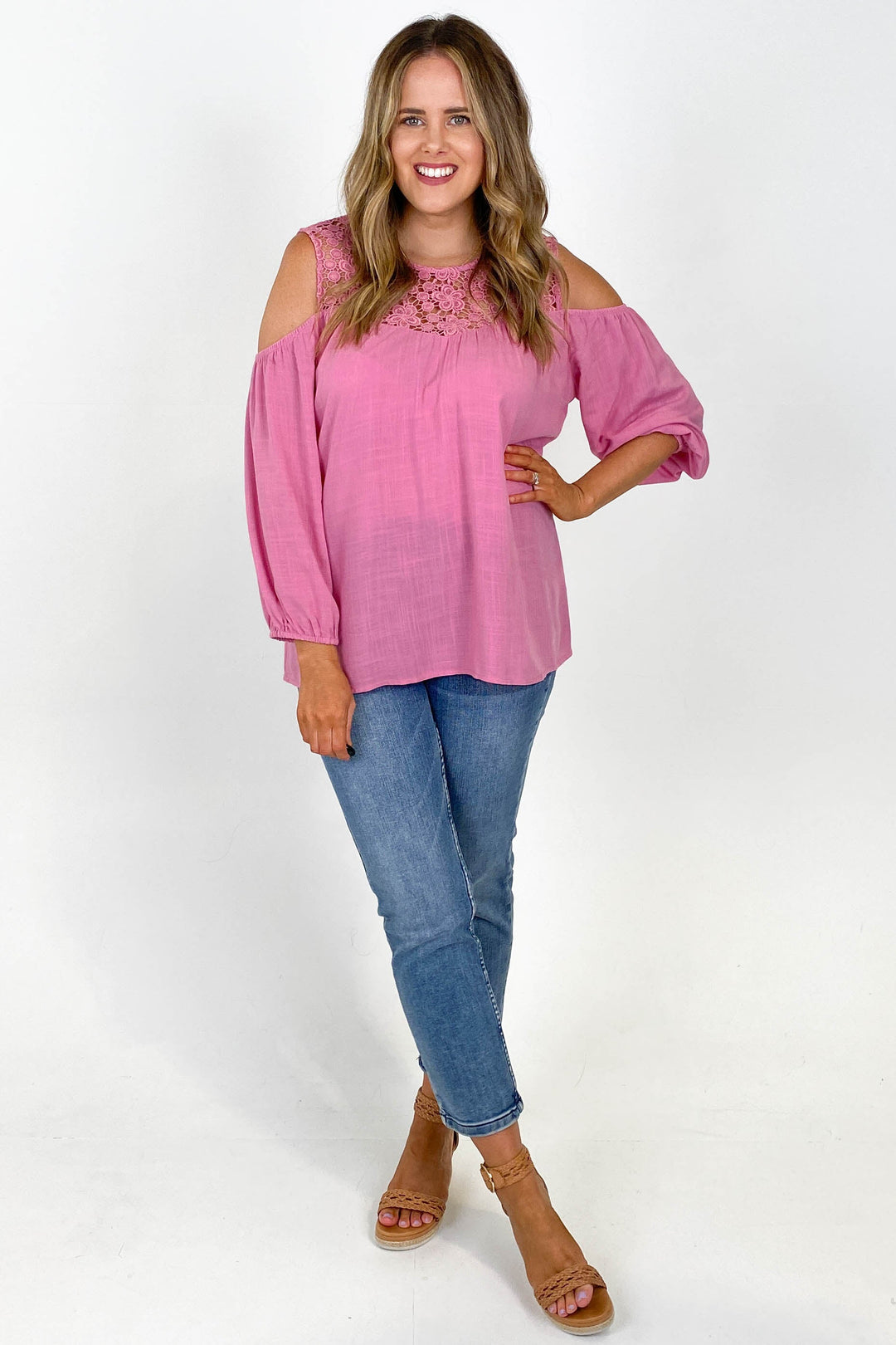 Gloss by Tayla Lace Cold Shoulder Top Pink