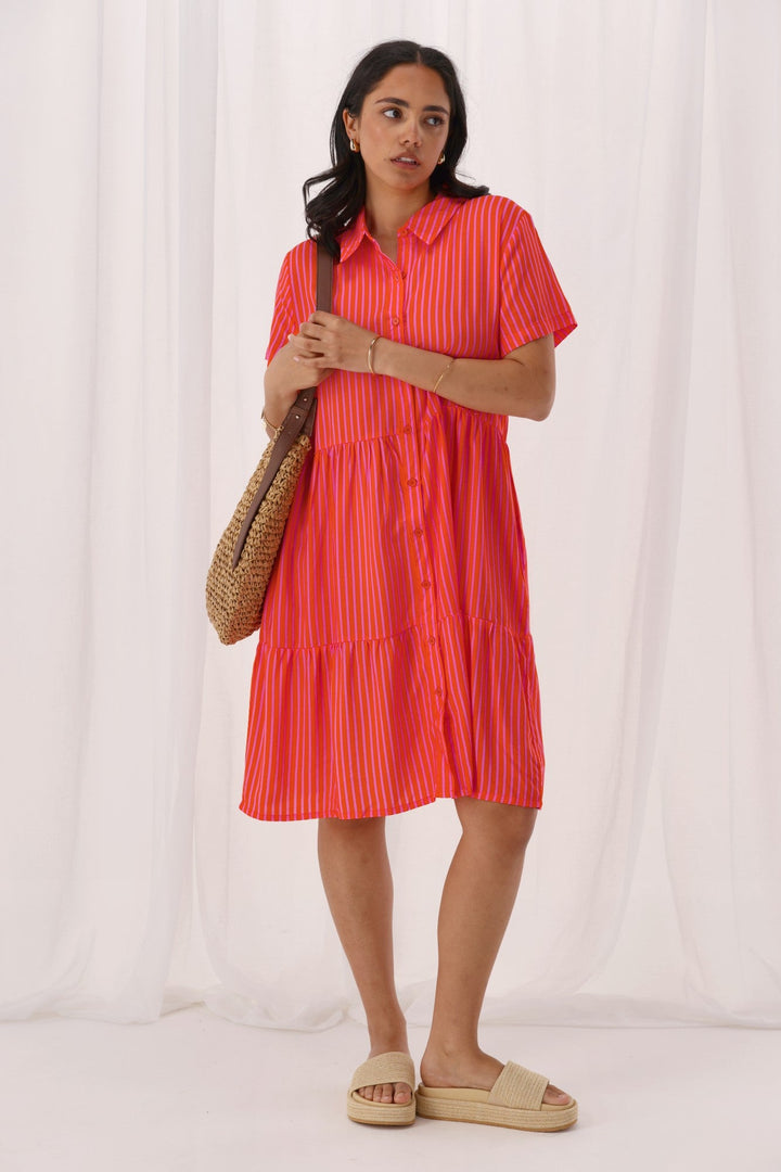 Gloss The Label Arianwen Dress Orange And Pink Stripe