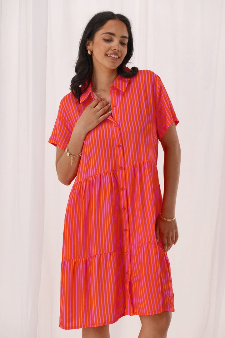 Gloss The Label Arianwen Dress Orange And Pink Stripe