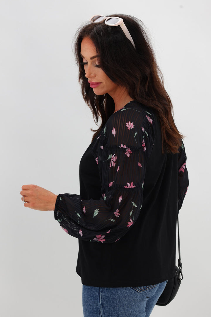 Gloss The Label Bridie Batwing Sleeve Knit Top Black Floral