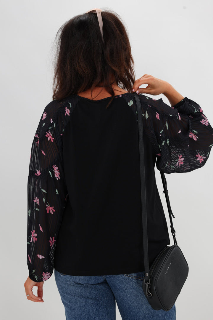 Gloss The Label Bridie Batwing Sleeve Knit Top Black Floral