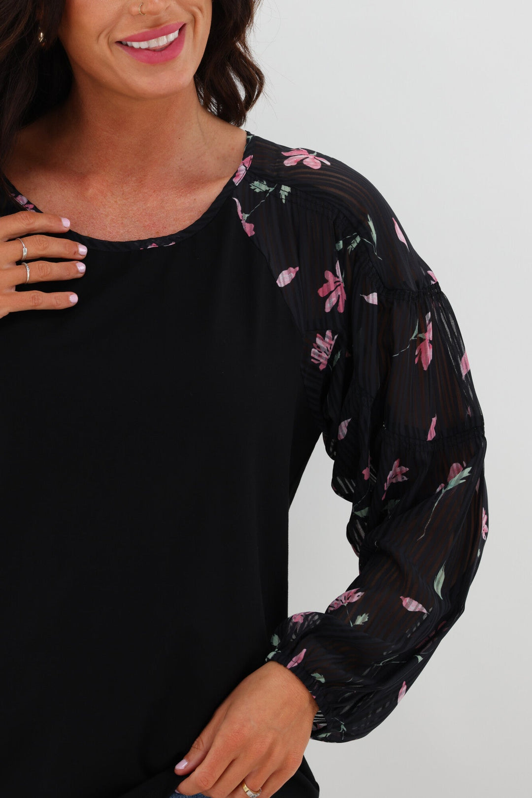 Gloss The Label Bridie Batwing Sleeve Knit Top Black Floral