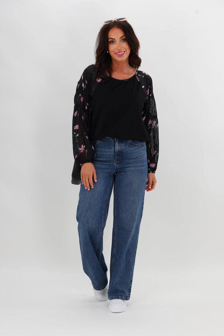 Gloss The Label Bridie Batwing Sleeve Knit Top Black Floral