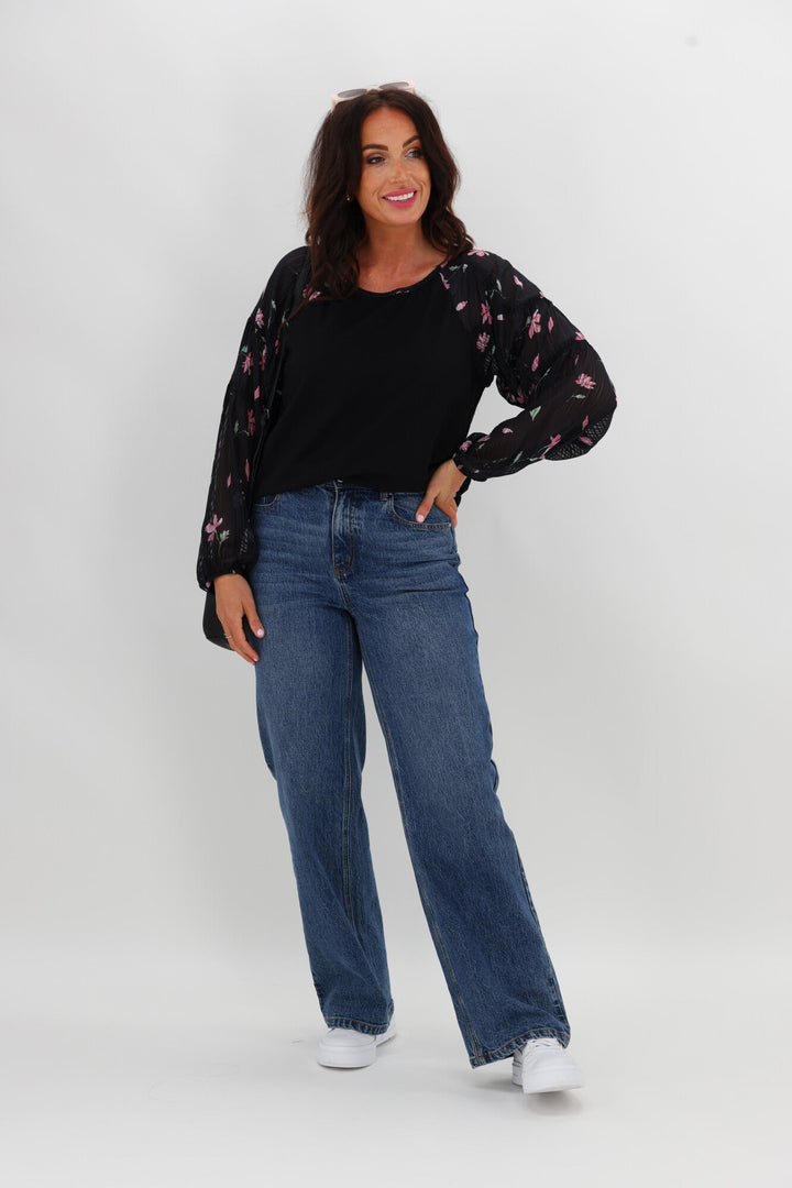 Gloss The Label Bridie Batwing Sleeve Knit Top Black Floral