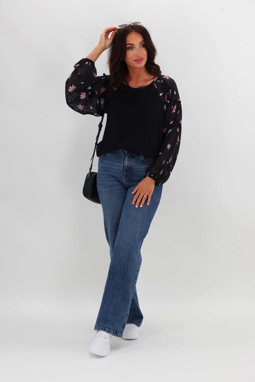 Gloss The Label Bridie Batwing Sleeve Knit Top Black Floral