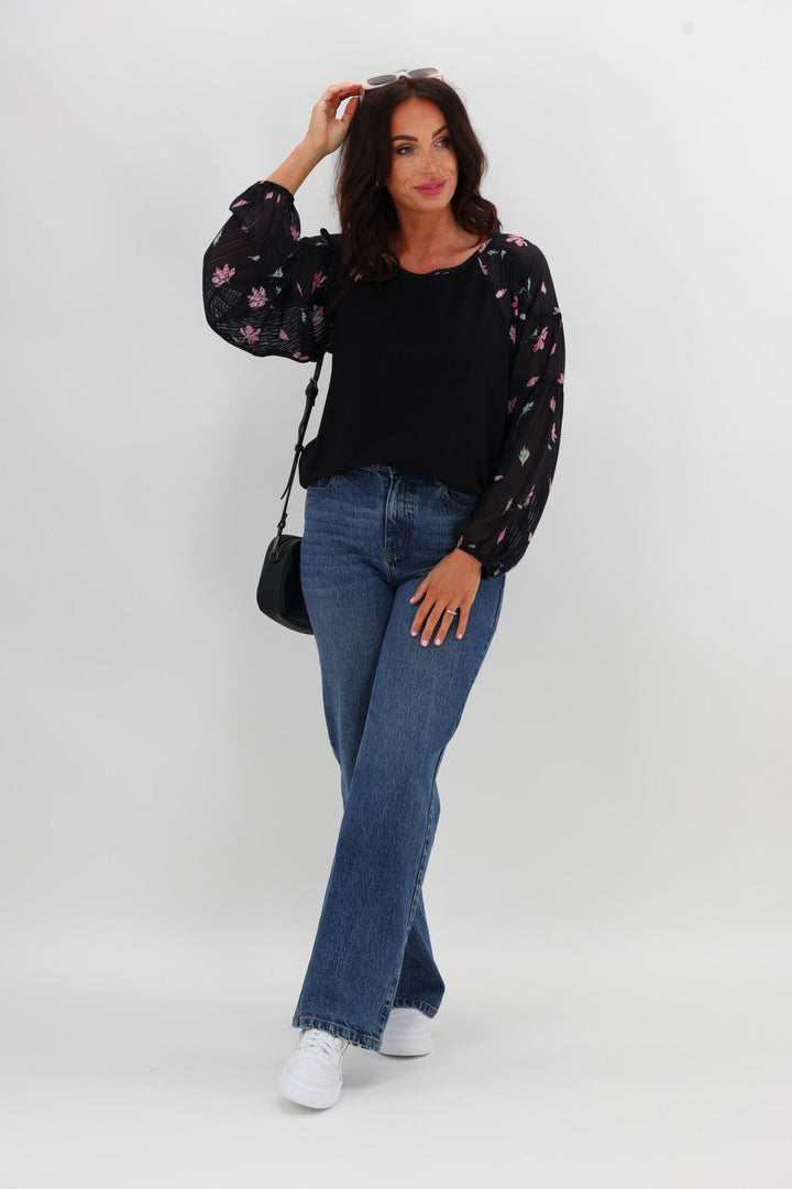 Gloss The Label Bridie Batwing Sleeve Knit Top Black Floral
