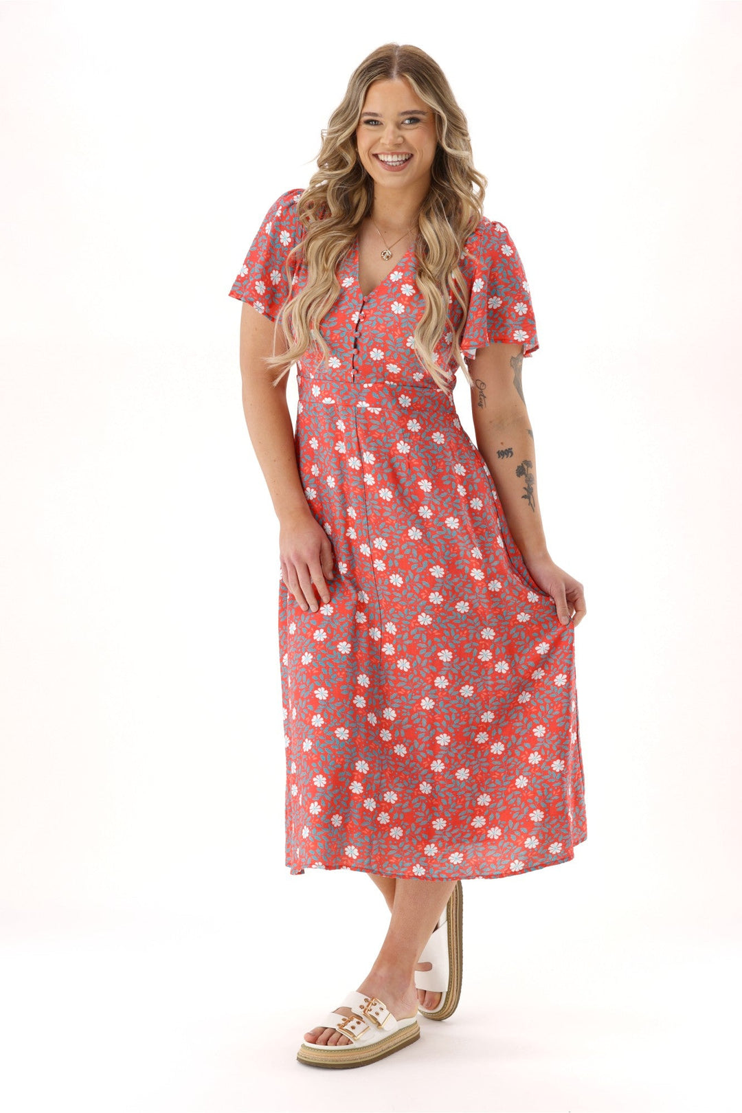 Gloss The Label Cheyenne Flutter Sleeve Dress Orange Floral