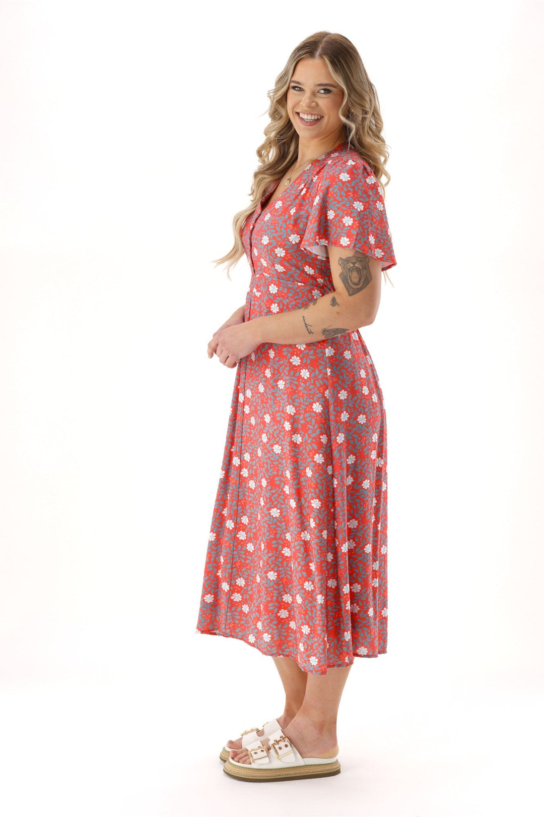 Gloss The Label Cheyenne Flutter Sleeve Dress Orange Floral