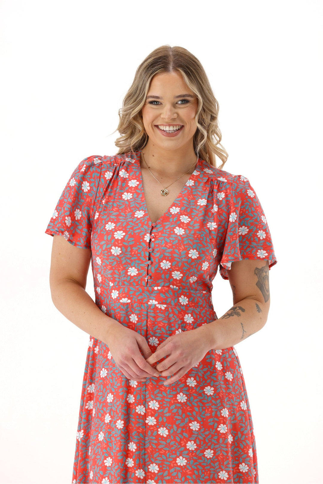 Gloss The Label Cheyenne Flutter Sleeve Dress Orange Floral