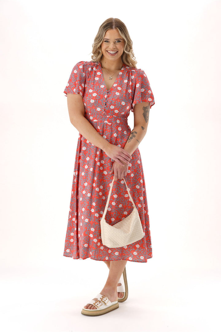 Gloss The Label Cheyenne Flutter Sleeve Dress Orange Floral