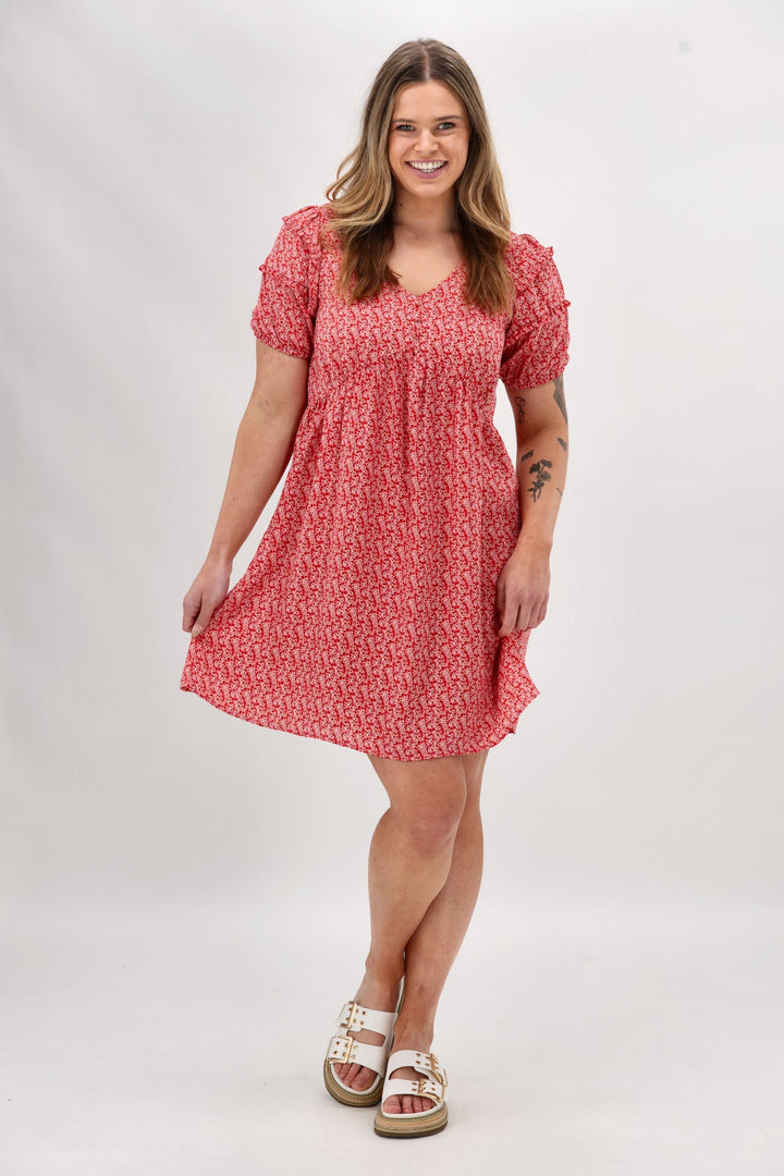 Gloss The Label Dale Frill Detail Puff Sleeve Dress Coral Print