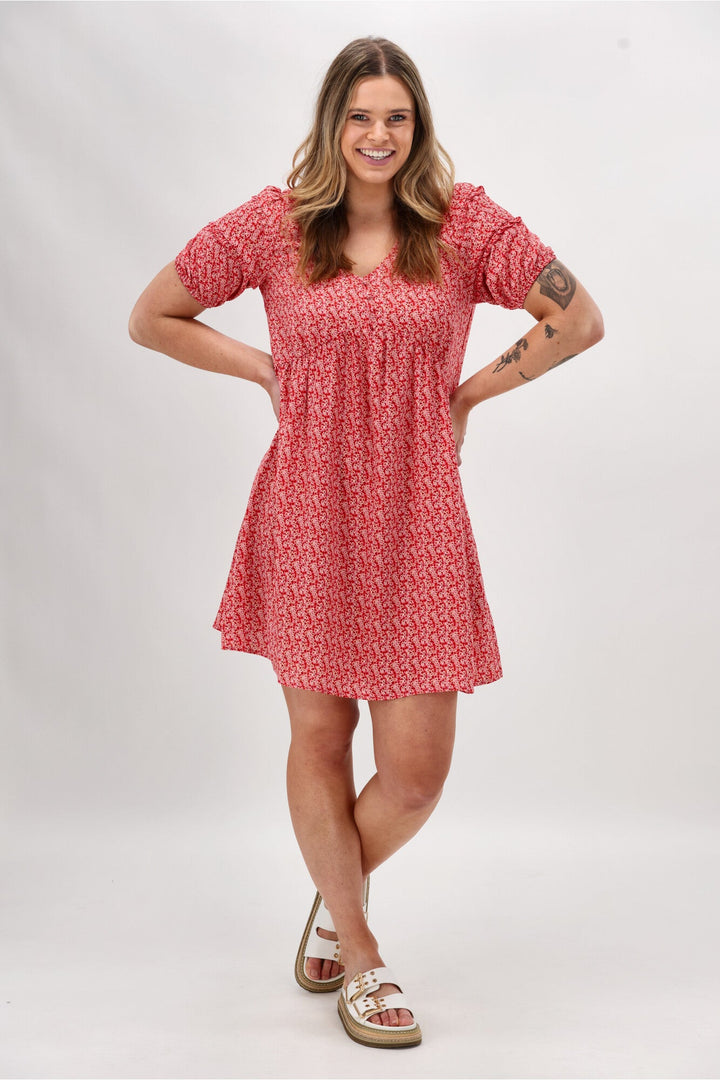 Gloss The Label Dale Frill Detail Puff Sleeve Dress Coral Print