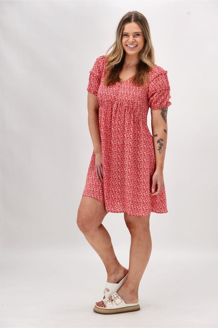 Gloss The Label Dale Frill Detail Puff Sleeve Dress Coral Print