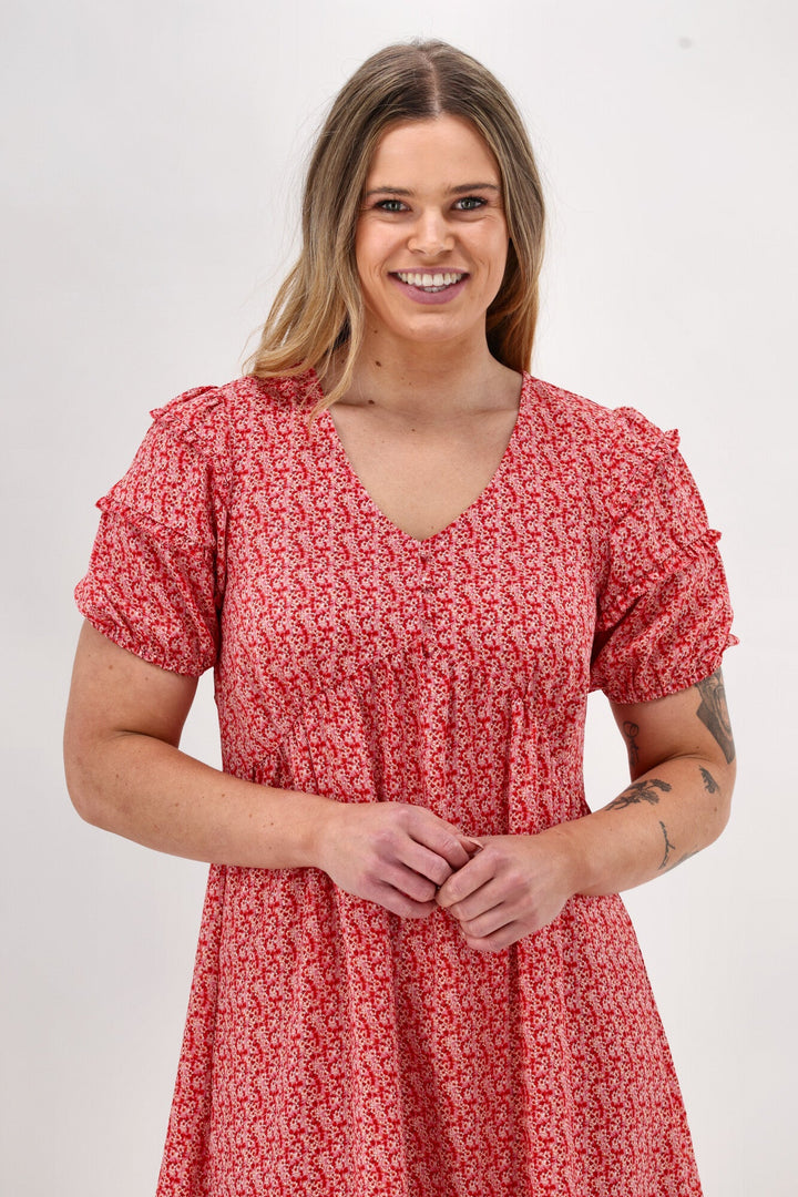 Gloss The Label Dale Frill Detail Puff Sleeve Dress Coral Print