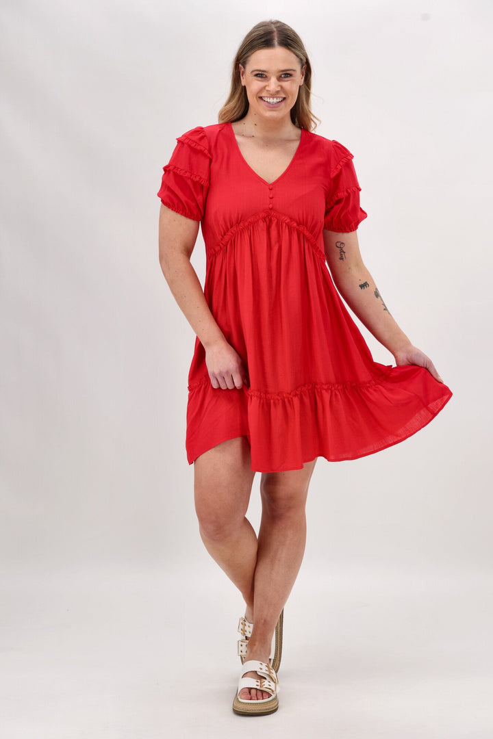 Gloss The Label Dale Frill Detail Puff Sleeve Dress Coral