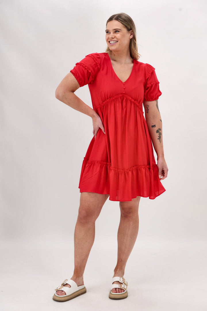 Gloss The Label Dale Frill Detail Puff Sleeve Dress Coral