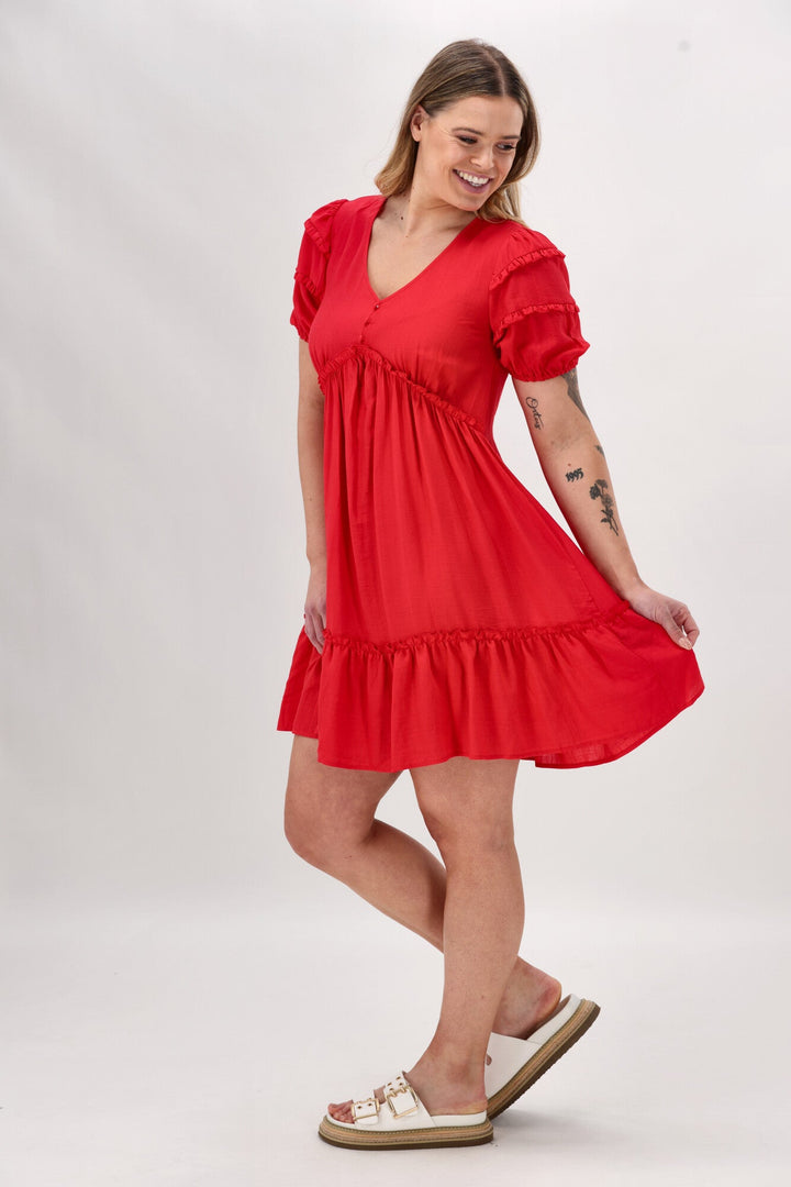 Gloss The Label Dale Frill Detail Puff Sleeve Dress Coral