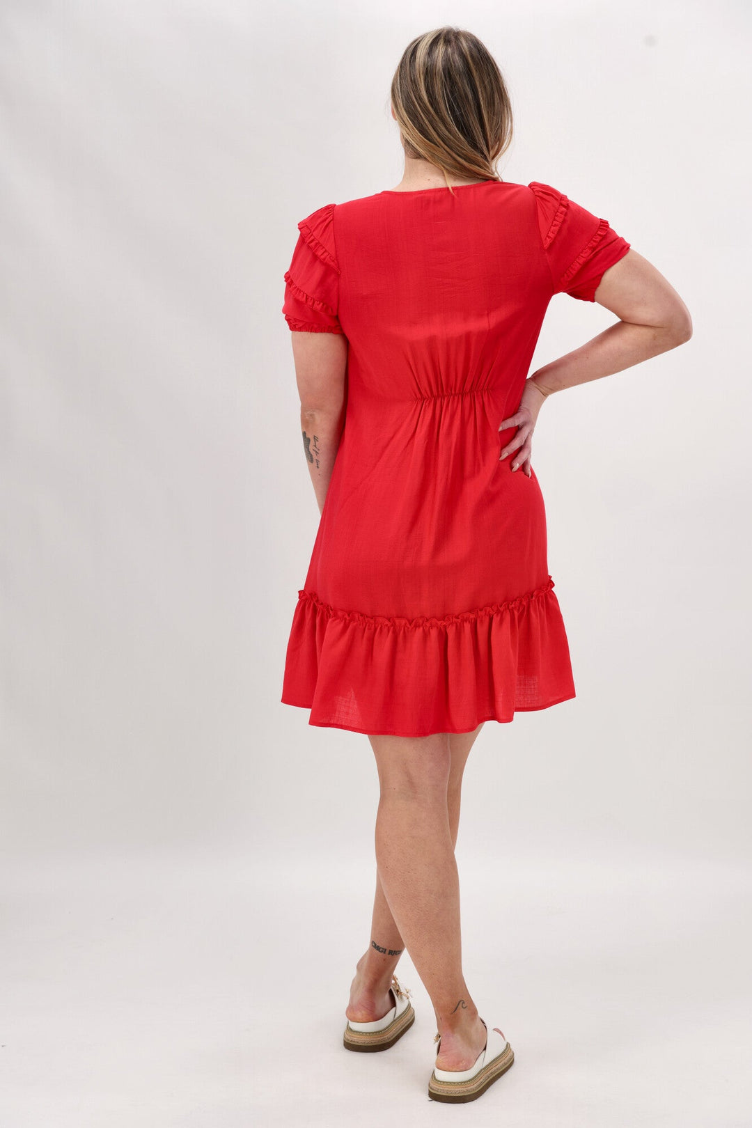Gloss The Label Dale Frill Detail Puff Sleeve Dress Coral