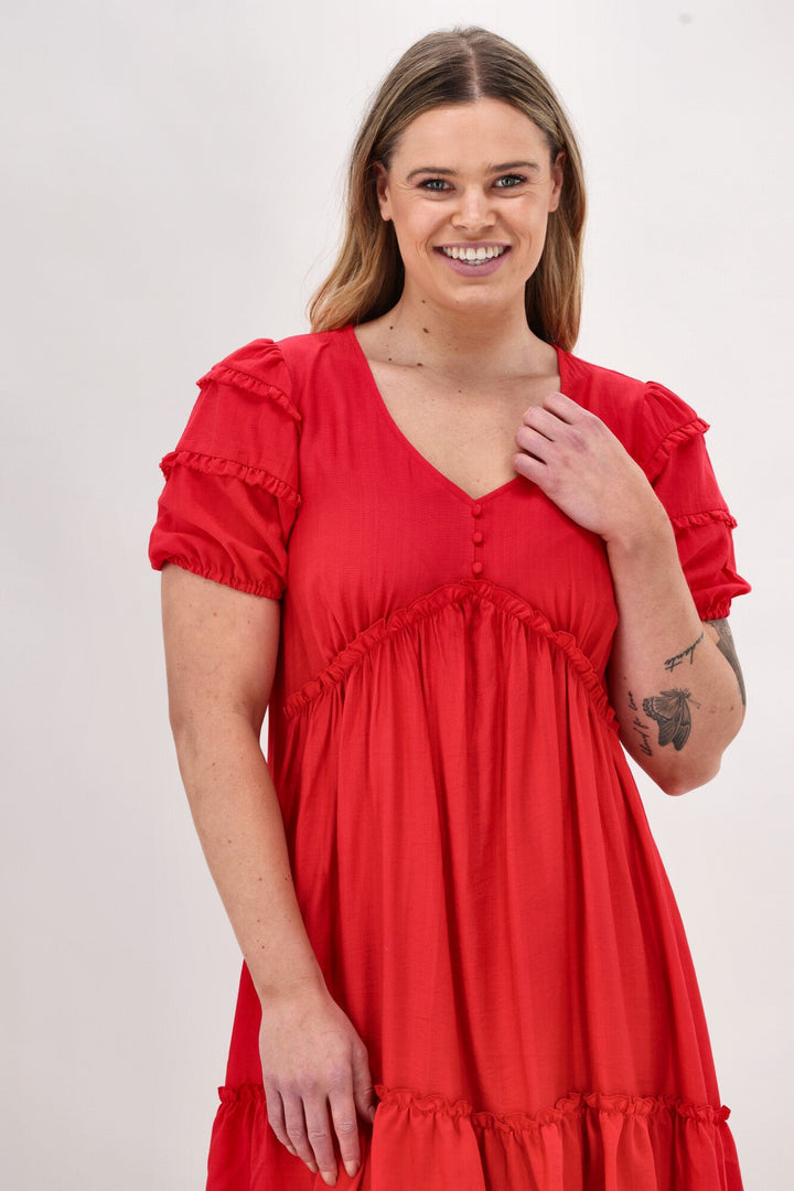 Gloss The Label Dale Frill Detail Puff Sleeve Dress Coral