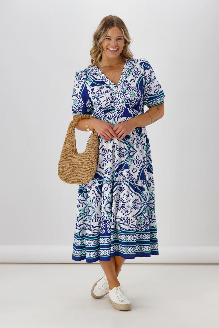 Gloss The Label Daly Border Print Dress Blue