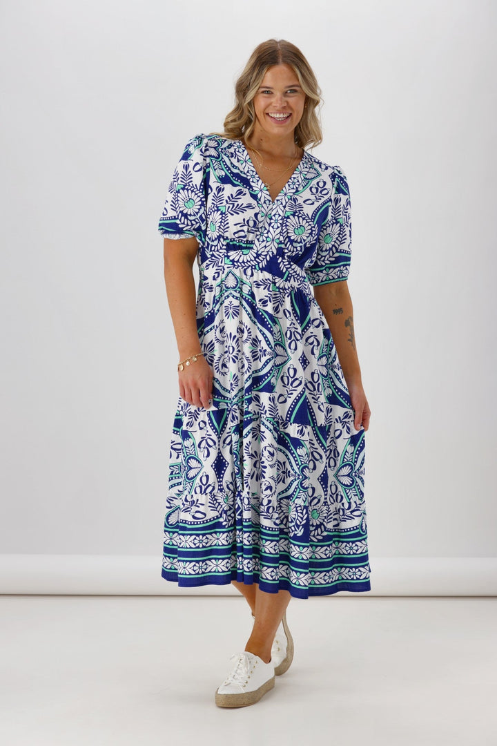 Gloss The Label Daly Border Print Dress Blue