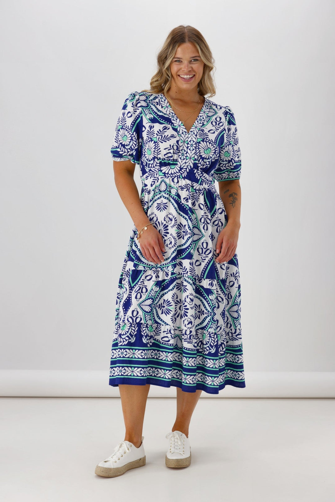Gloss The Label Daly Border Print Dress Blue