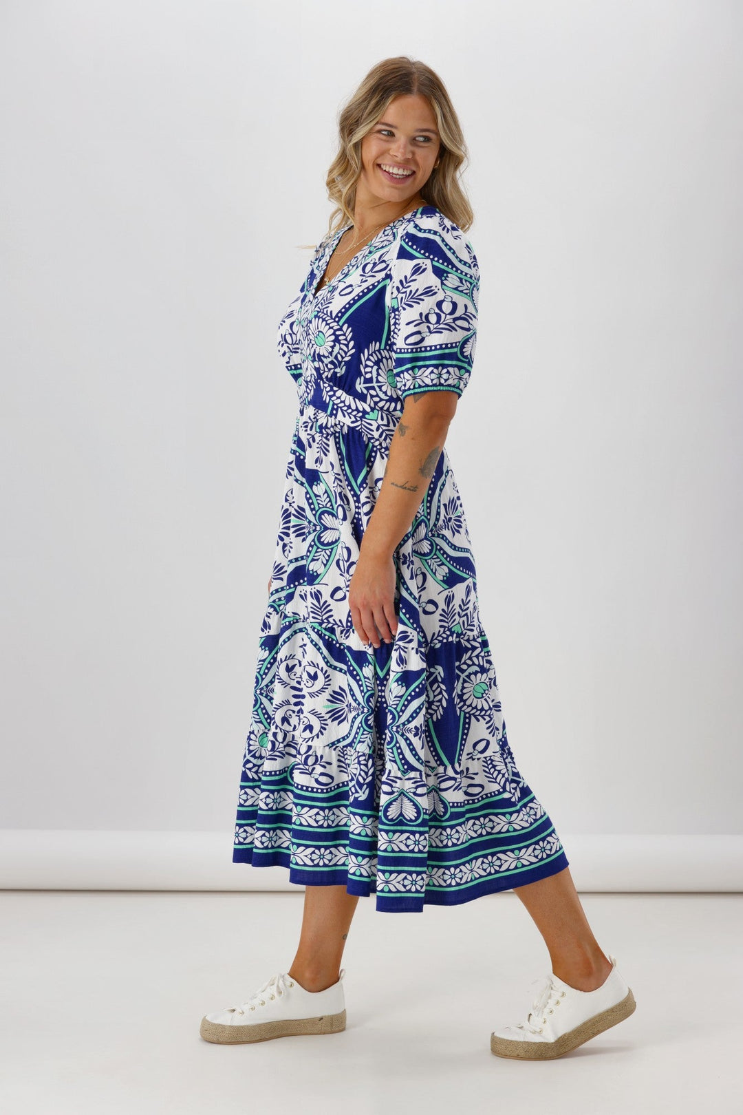 Gloss The Label Daly Border Print Dress Blue
