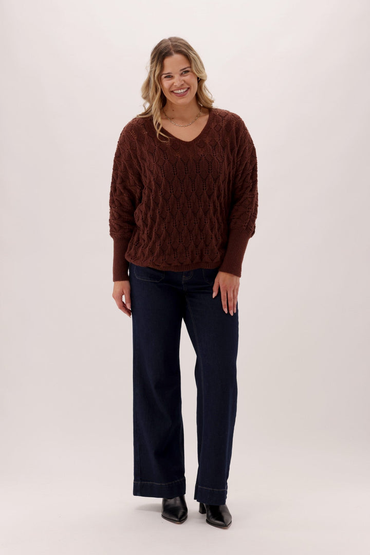 Gloss The Label Downten Pointelle V Neck Sweater Chocolate