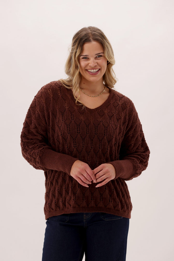 Gloss The Label Downten Pointelle V Neck Sweater Chocolate