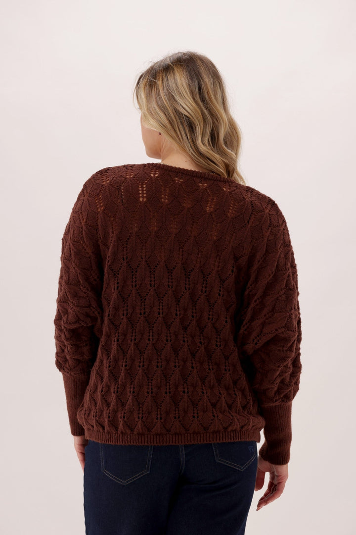 Gloss The Label Downten Pointelle V Neck Sweater Chocolate