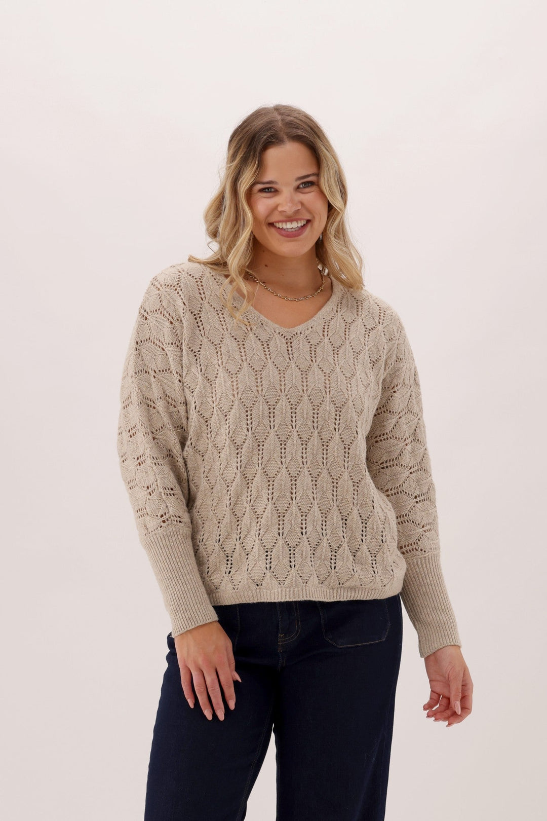 Gloss The Label Downten Pointelle V Neck Sweater Oatmeal