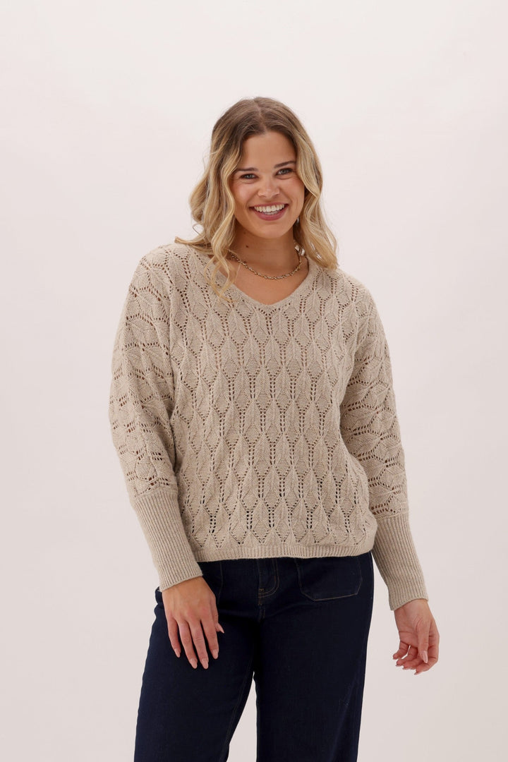 Gloss The Label Downten Pointelle V Neck Sweater Oatmeal