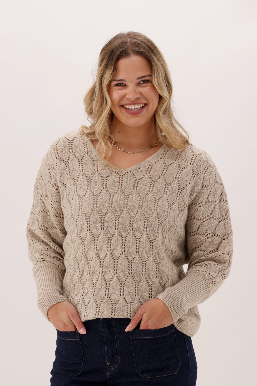 Gloss The Label Downten Pointelle V Neck Sweater Oatmeal