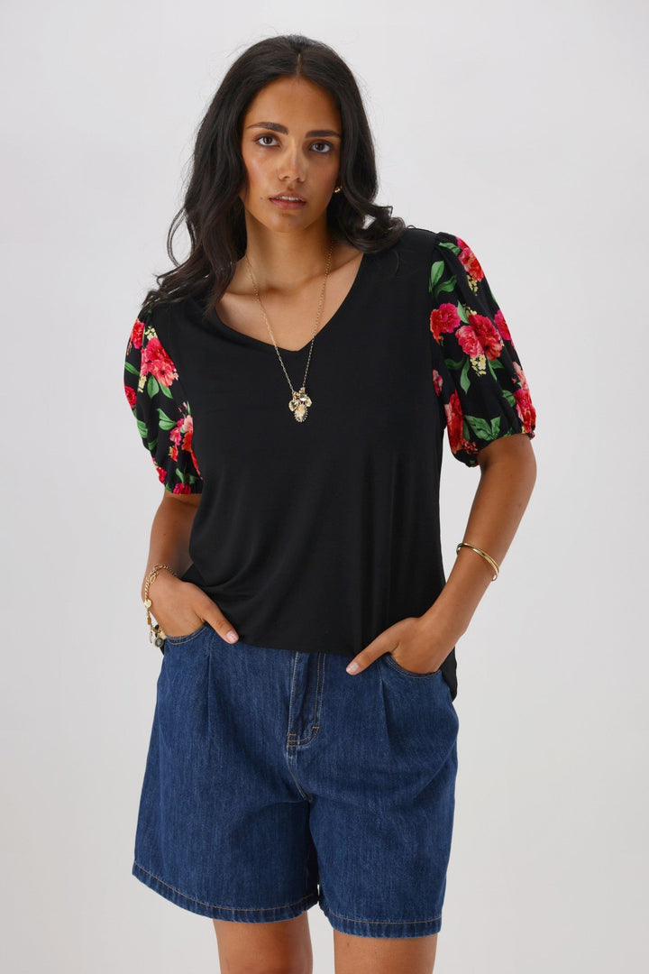 Gloss The Label Eclipse Rosewood Contrast Sleeve Top Black