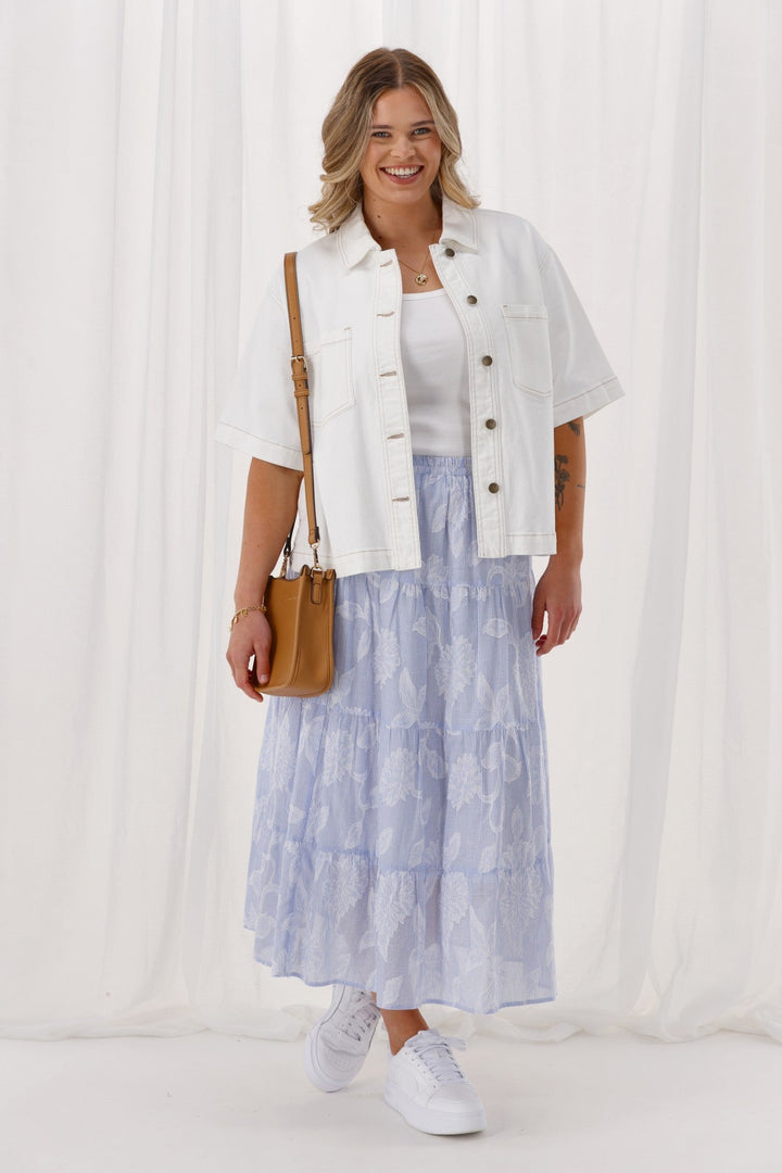Gloss The Label Halle Tiered Skirt Flocked Blue Stripe