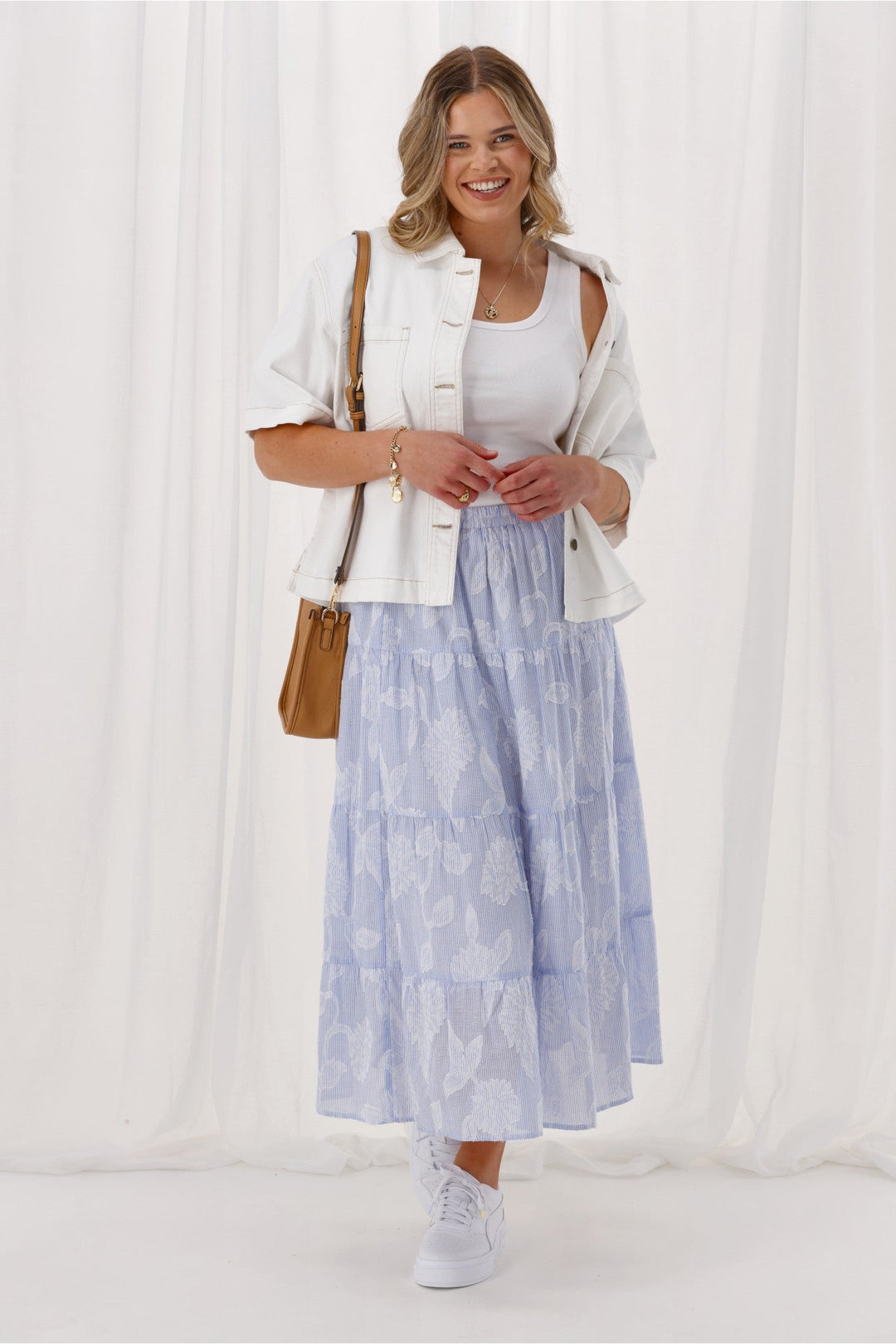 Gloss The Label Halle Tiered Skirt Flocked Blue Stripe